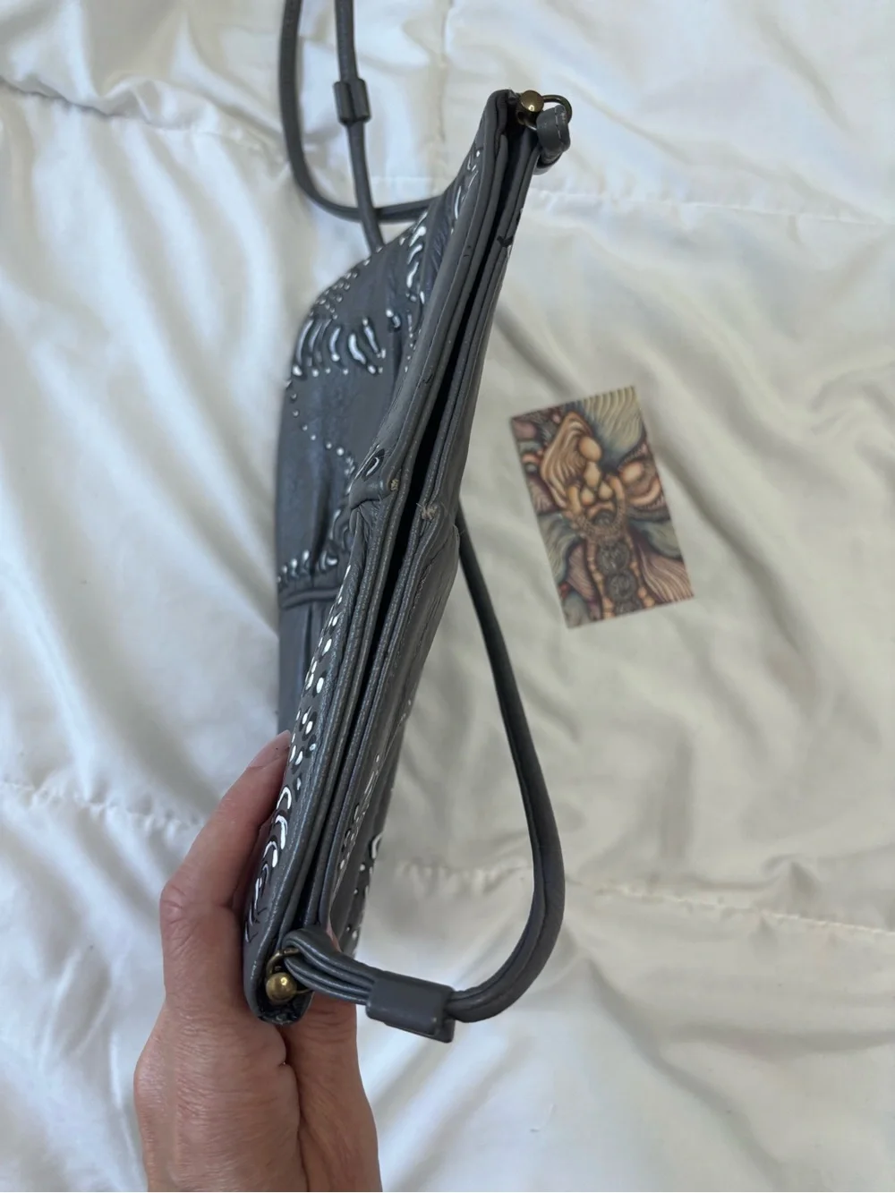 Hand-Painted Grey Leather Crossbody Bag